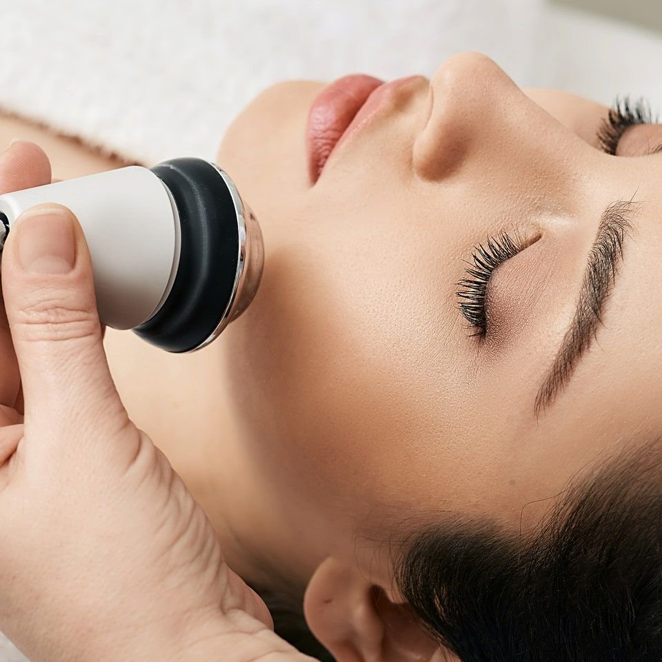 Woman receiving a facial device treatment on the cheek